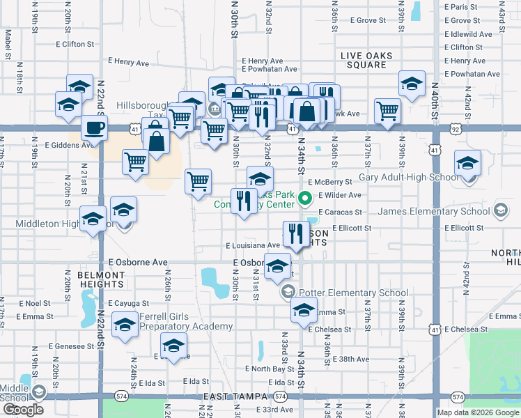 map of restaurants, bars, coffee shops, grocery stores, and more near 3104 East Caracas Street in Tampa