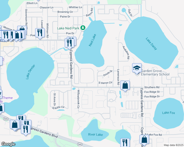 map of restaurants, bars, coffee shops, grocery stores, and more near 4098 Lake Ned Village Circle in Cypress Gardens