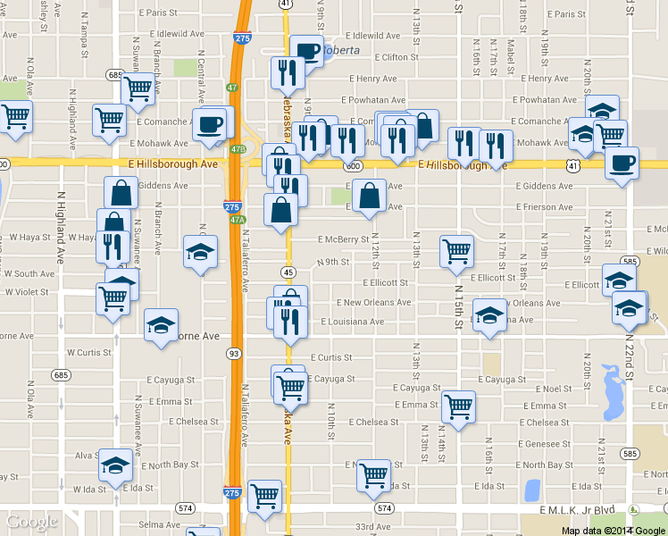 map of restaurants, bars, coffee shops, grocery stores, and more near 1011 East Caracas Street in Tampa