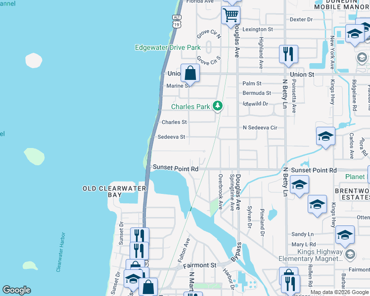 map of restaurants, bars, coffee shops, grocery stores, and more near 1046 Sunnydale Drive in Clearwater
