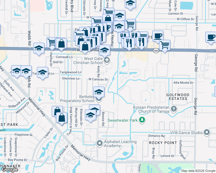 map of restaurants, bars, coffee shops, grocery stores, and more near 4909 Carlyle Road in Tampa
