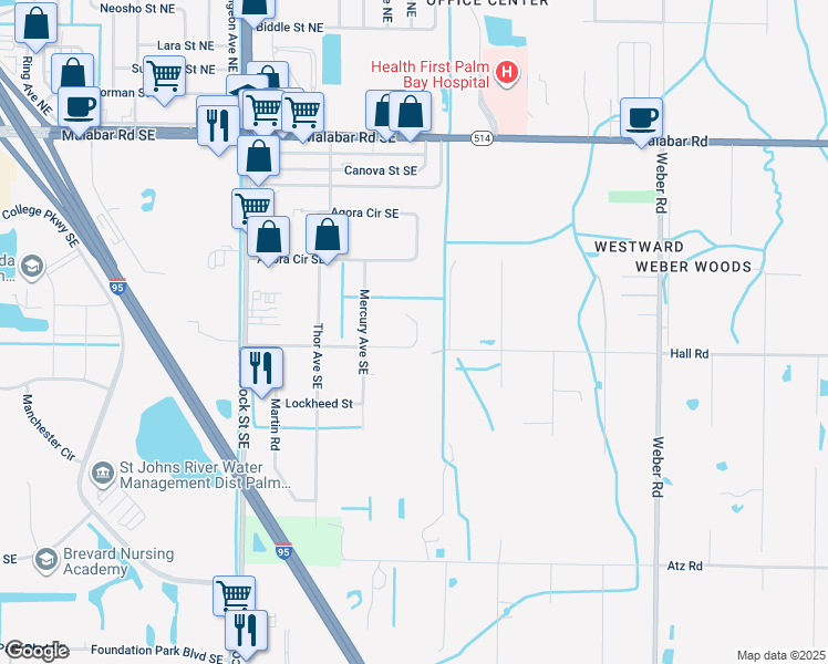 map of restaurants, bars, coffee shops, grocery stores, and more near 1891 Convair Street Southeast in Palm Bay
