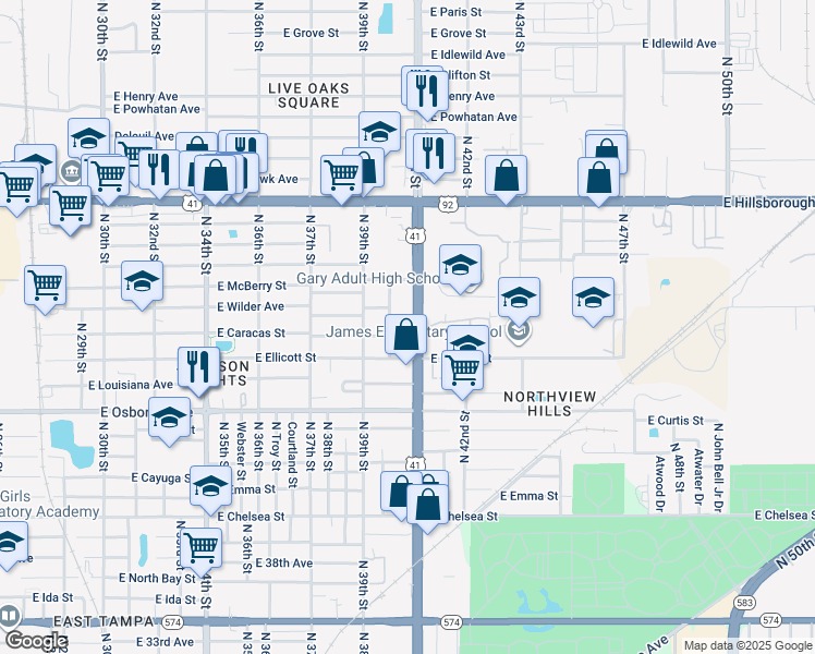 map of restaurants, bars, coffee shops, grocery stores, and more near 5010 U.S. 41 in Tampa