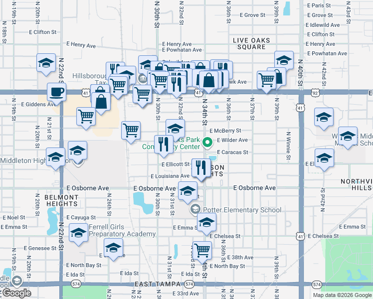 map of restaurants, bars, coffee shops, grocery stores, and more near 3212 East Caracas Street in Tampa