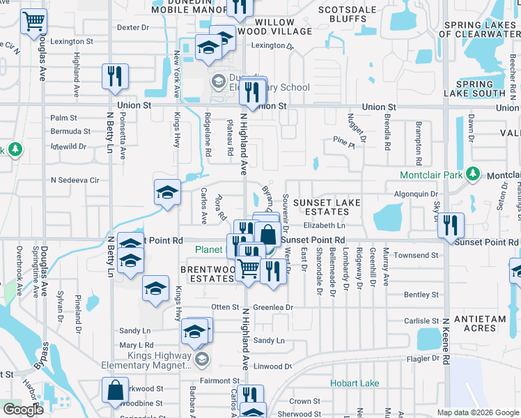 map of restaurants, bars, coffee shops, grocery stores, and more near 1924 Byram Drive in Clearwater