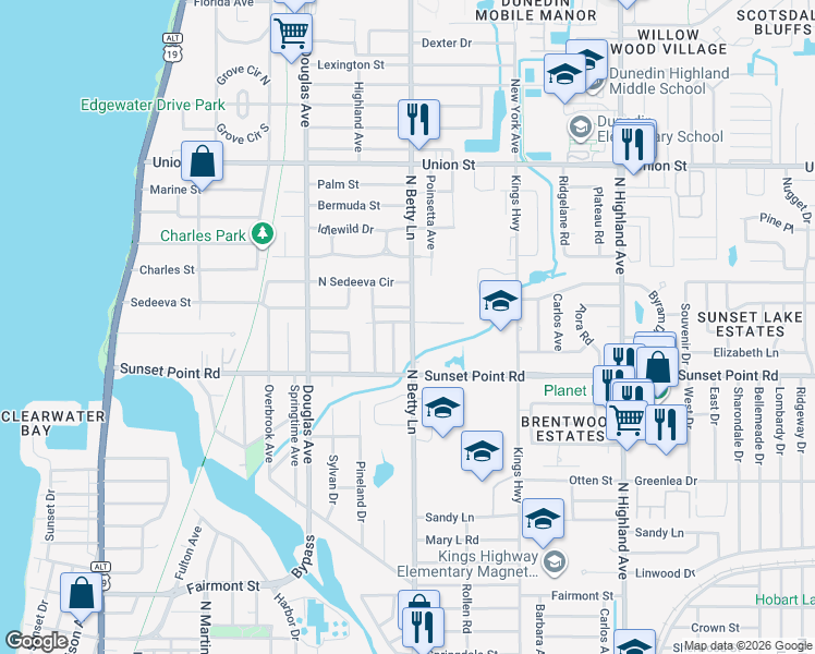 map of restaurants, bars, coffee shops, grocery stores, and more near 1942 North Betty Lane in Clearwater