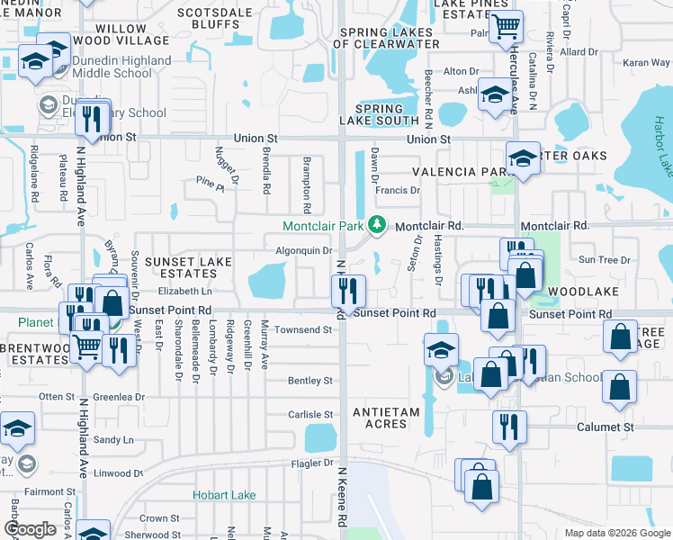 map of restaurants, bars, coffee shops, grocery stores, and more near 1941 Stardust Drive in Clearwater