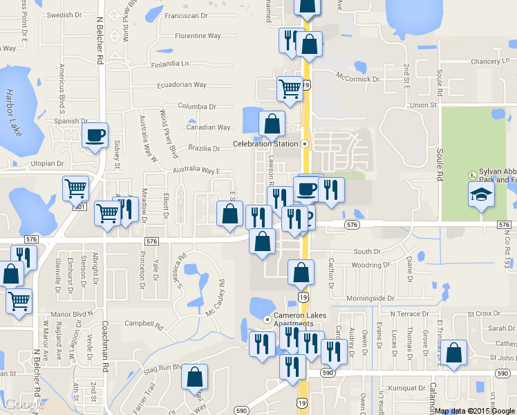 map of restaurants, bars, coffee shops, grocery stores, and more near 2521 Sandy Beach Lane in Clearwater