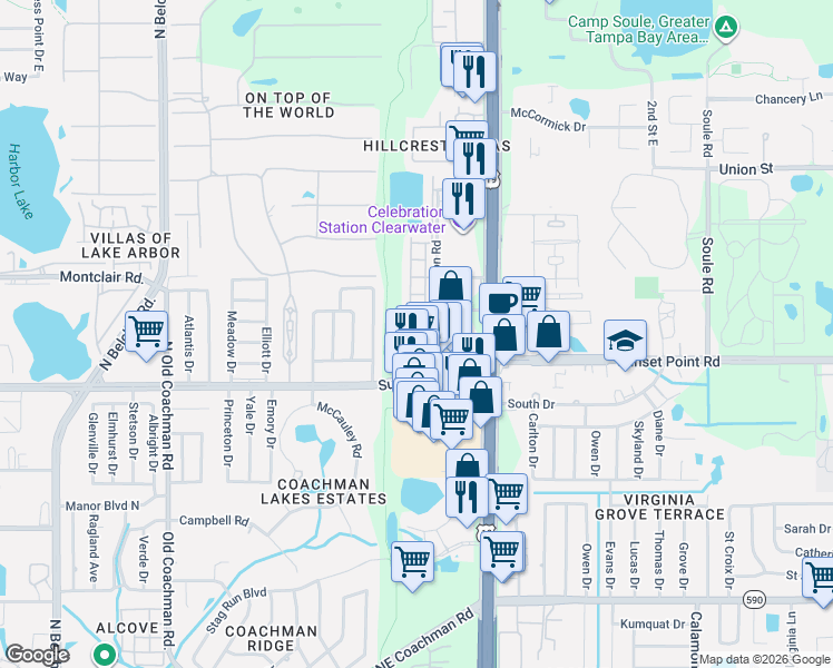 map of restaurants, bars, coffee shops, grocery stores, and more near 2523 Sandy Beach Lane in Clearwater