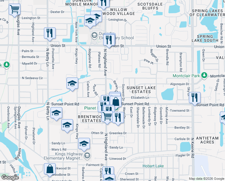 map of restaurants, bars, coffee shops, grocery stores, and more near 1924 Byram Drive in Clearwater