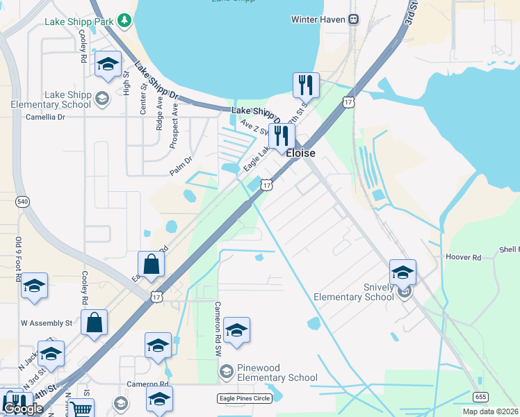 map of restaurants, bars, coffee shops, grocery stores, and more near 151 1st Street in Eloise