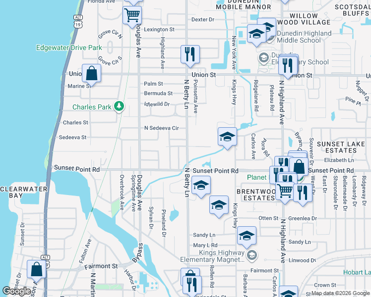 map of restaurants, bars, coffee shops, grocery stores, and more near 1969 North Betty Lane in Clearwater