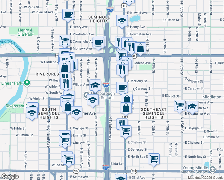 map of restaurants, bars, coffee shops, grocery stores, and more near 701 East Caracas Street in Tampa