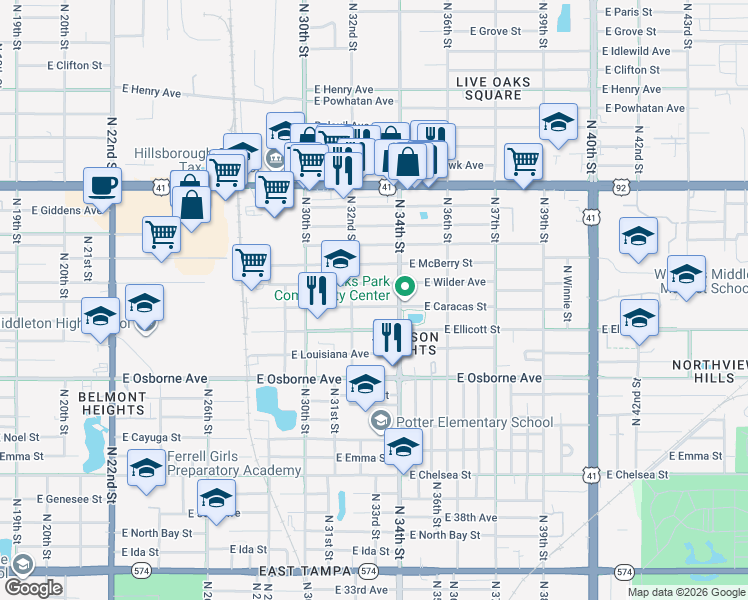 map of restaurants, bars, coffee shops, grocery stores, and more near 3212 East Caracas Street in Tampa