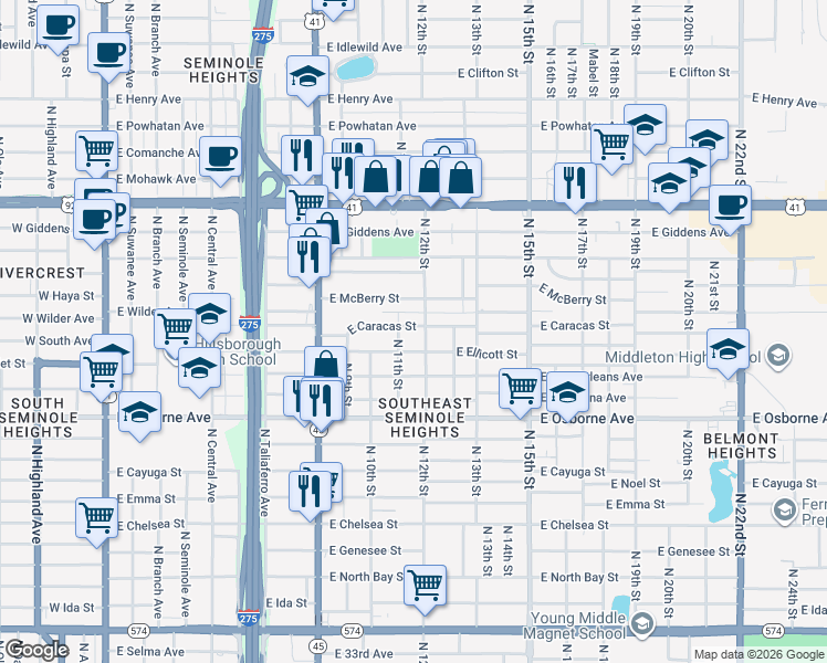 map of restaurants, bars, coffee shops, grocery stores, and more near 1105 East Caracas Street in Tampa