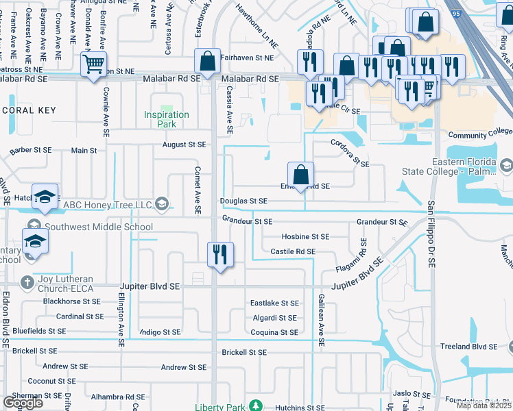 map of restaurants, bars, coffee shops, grocery stores, and more near 934 Douglas Street Southeast in Palm Bay