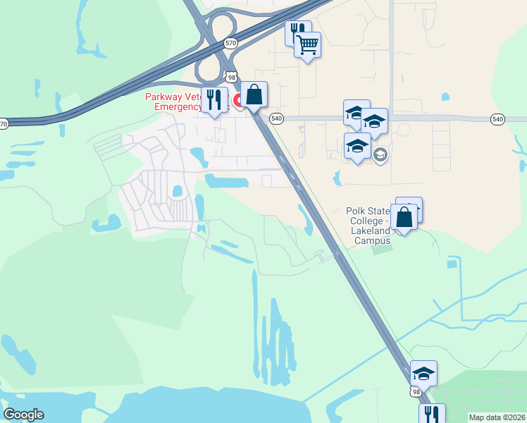 map of restaurants, bars, coffee shops, grocery stores, and more near 4016 Shadetree Lane in Lakeland