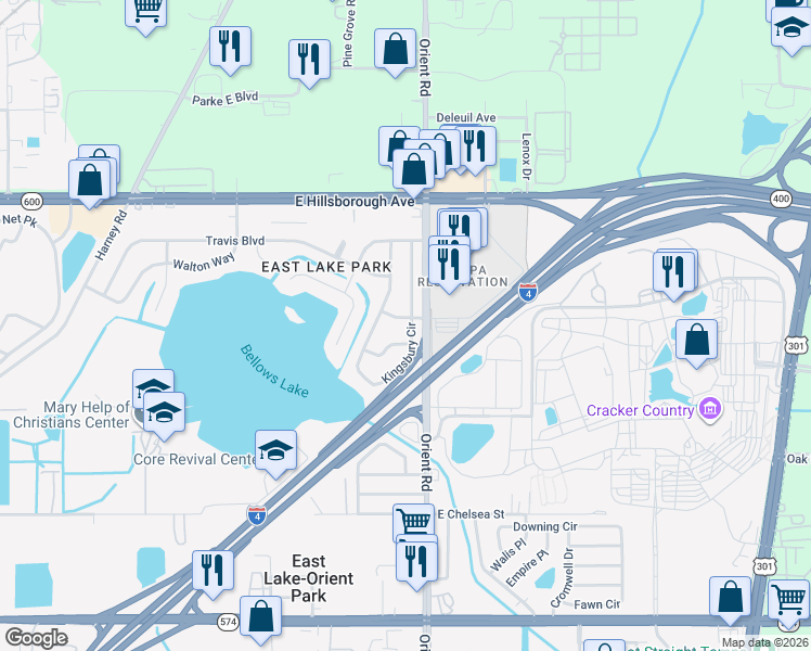 map of restaurants, bars, coffee shops, grocery stores, and more near 7304 Kingsbury Circle in Tampa