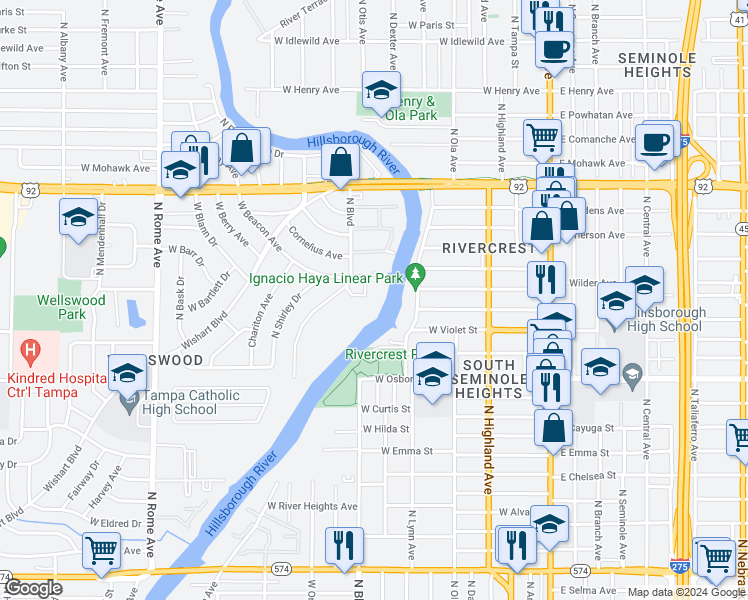 map of restaurants, bars, coffee shops, grocery stores, and more near 4927 North River Shore Drive in Tampa