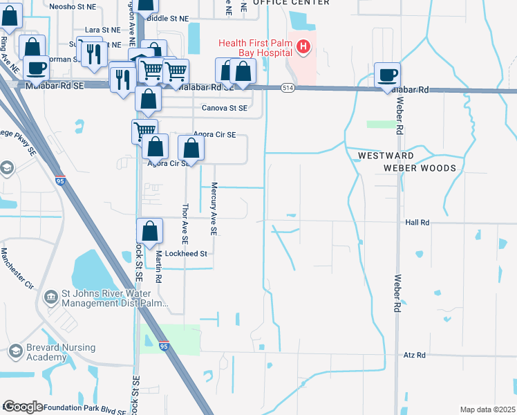 map of restaurants, bars, coffee shops, grocery stores, and more near 1962 Convair Street Southeast in Palm Bay
