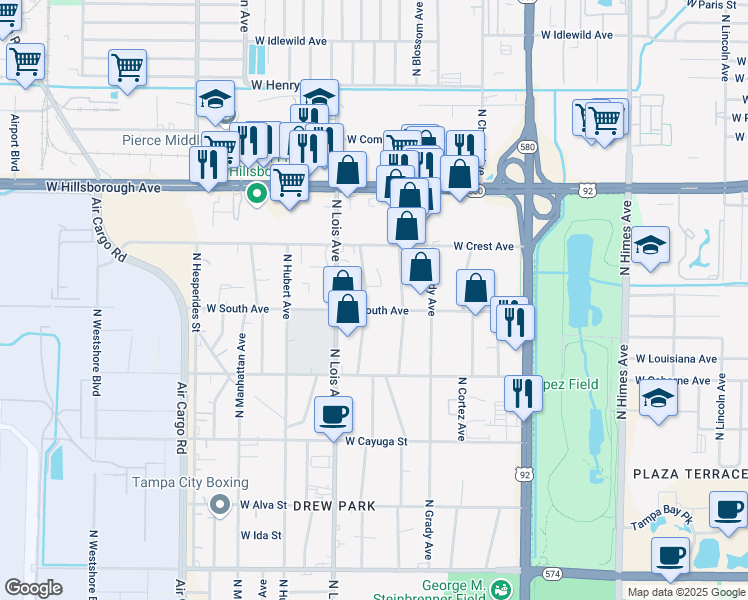 map of restaurants, bars, coffee shops, grocery stores, and more near 4029 West South Avenue in Tampa