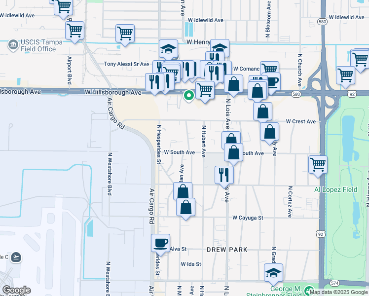 map of restaurants, bars, coffee shops, grocery stores, and more near 4402 West South Avenue in Tampa