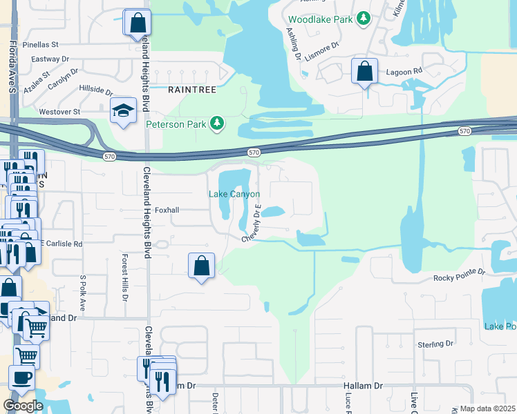 map of restaurants, bars, coffee shops, grocery stores, and more near 3910 Cheverly Drive East in Lakeland