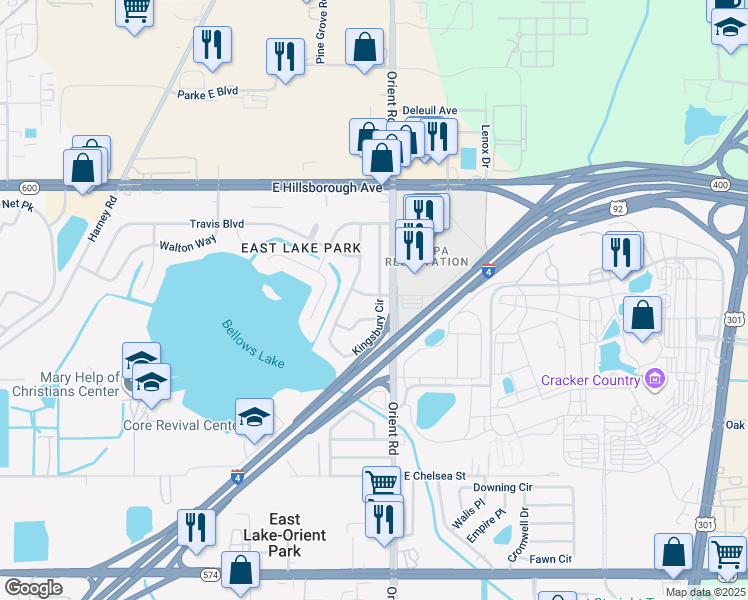 map of restaurants, bars, coffee shops, grocery stores, and more near 7304 Kingsbury Circle in Tampa