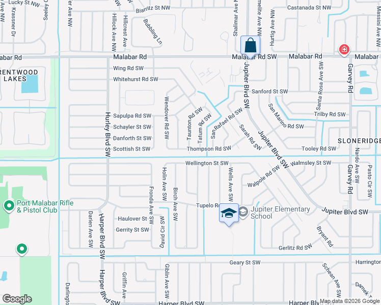 map of restaurants, bars, coffee shops, grocery stores, and more near 1063 Wellington Street Southwest in Palm Bay