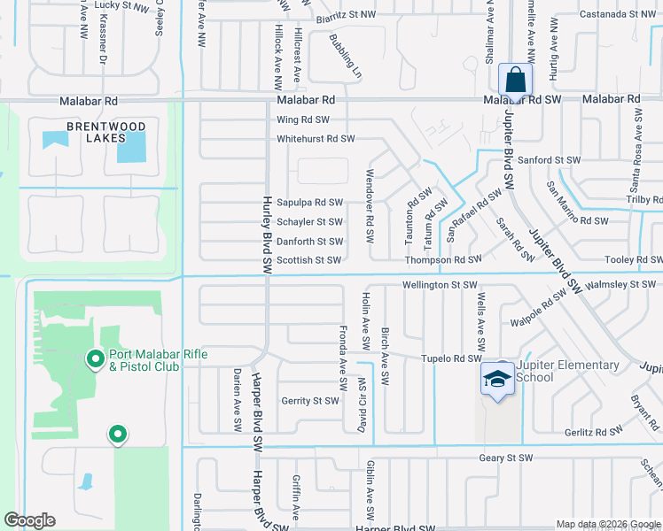 map of restaurants, bars, coffee shops, grocery stores, and more near 1227 Waterway Street Southwest in Palm Bay