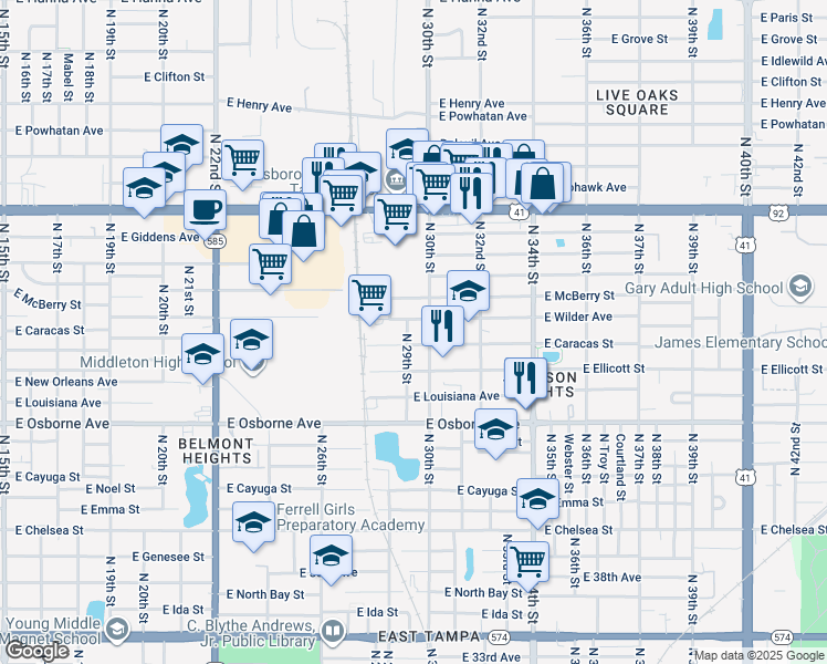 map of restaurants, bars, coffee shops, grocery stores, and more near 5014 North 30th Street in Tampa
