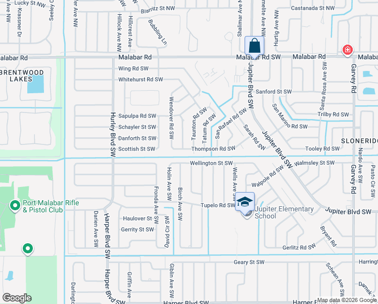 map of restaurants, bars, coffee shops, grocery stores, and more near 1137 Wellington Street Southwest in Palm Bay