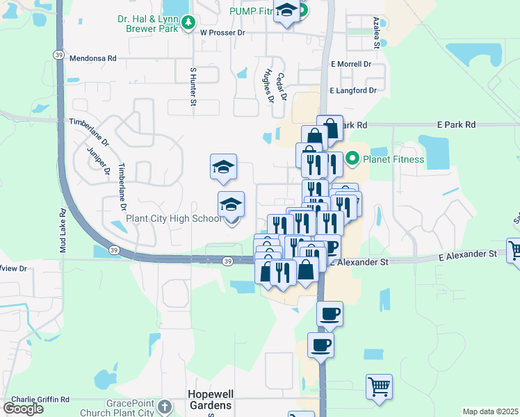 map of restaurants, bars, coffee shops, grocery stores, and more near 2302 South Maki Road in Plant City