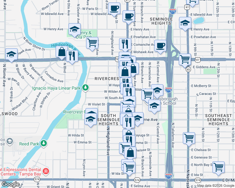 map of restaurants, bars, coffee shops, grocery stores, and more near 207 West South Avenue in Tampa
