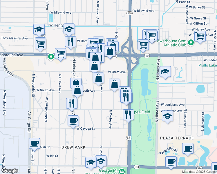 map of restaurants, bars, coffee shops, grocery stores, and more near 3919 West South Avenue in Tampa