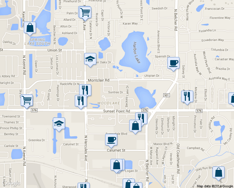 map of restaurants, bars, coffee shops, grocery stores, and more near 1960 Pepper Mill Drive in Clearwater