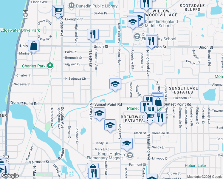 map of restaurants, bars, coffee shops, grocery stores, and more near 1390 Sunset Point Road in Clearwater