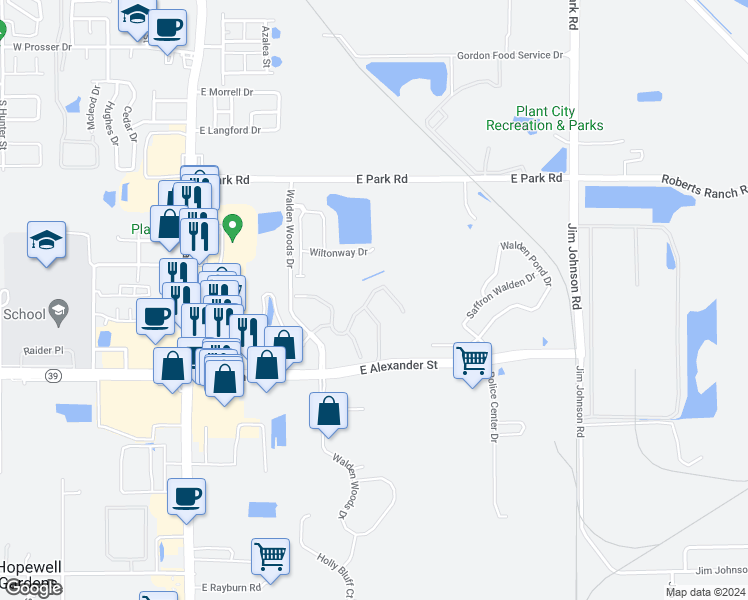 map of restaurants, bars, coffee shops, grocery stores, and more near 1007 Ashentree Drive in Plant City