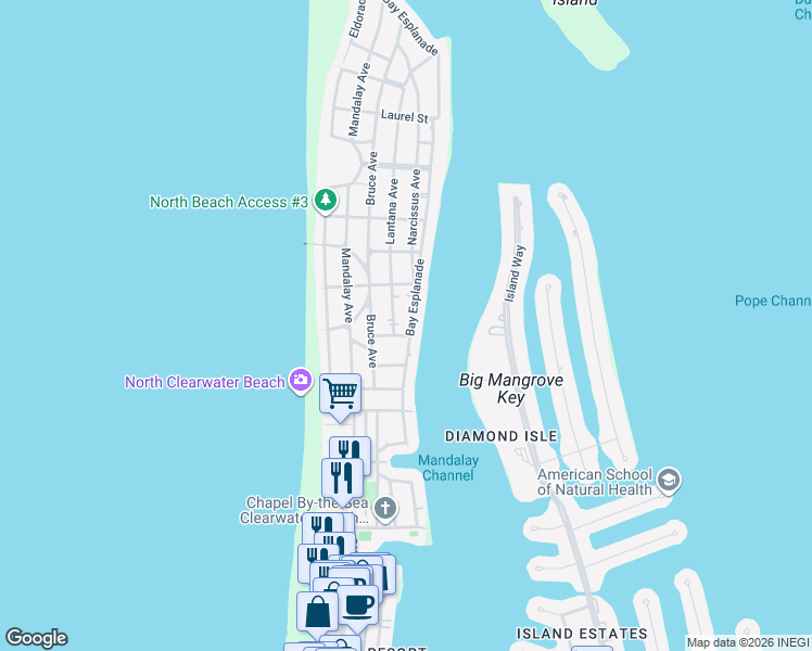 map of restaurants, bars, coffee shops, grocery stores, and more near 740 Bay Esplanade in Clearwater