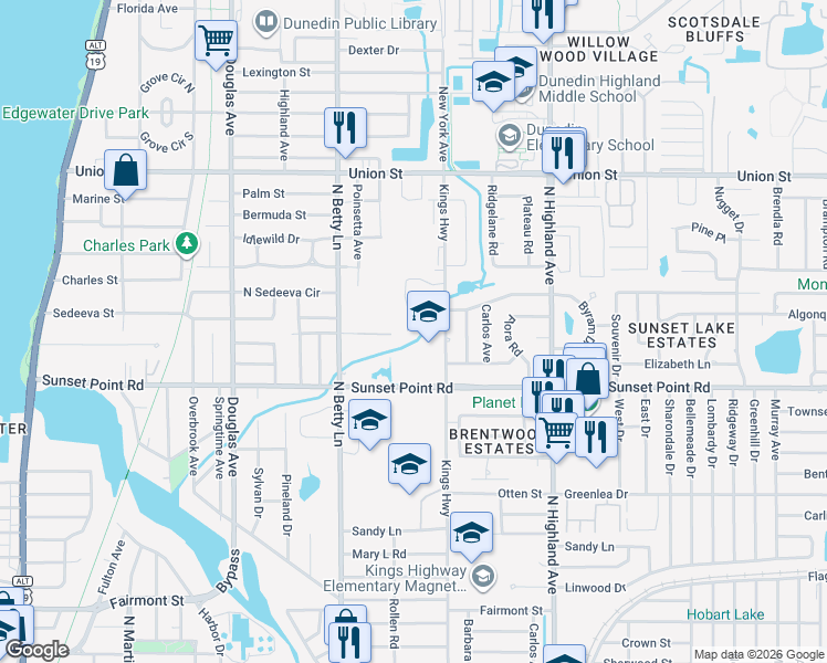 map of restaurants, bars, coffee shops, grocery stores, and more near 1390 Sunset Point Road in Clearwater