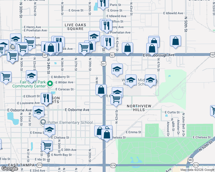map of restaurants, bars, coffee shops, grocery stores, and more near 5029 North 40th Street in Tampa