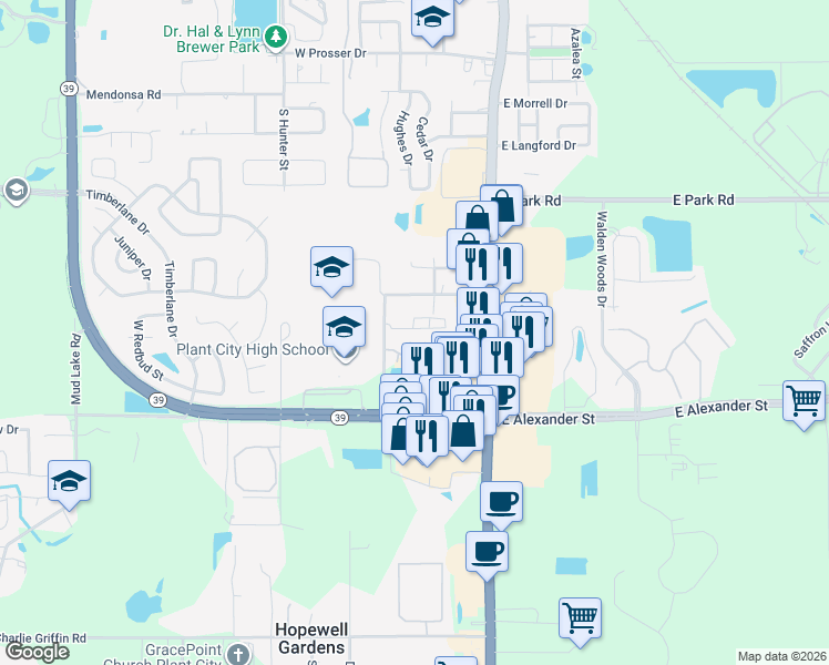 map of restaurants, bars, coffee shops, grocery stores, and more near 2302 South Maki Road in Plant City