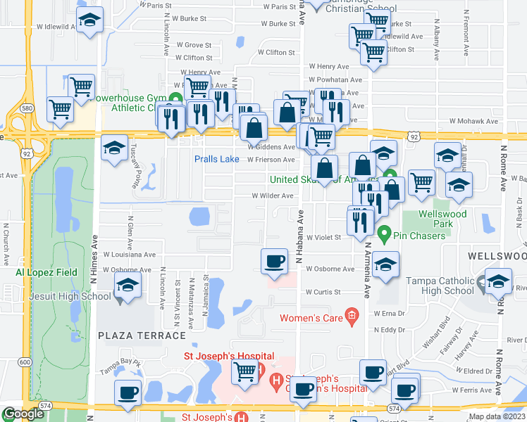 map of restaurants, bars, coffee shops, grocery stores, and more near 3002 West South Avenue in Tampa