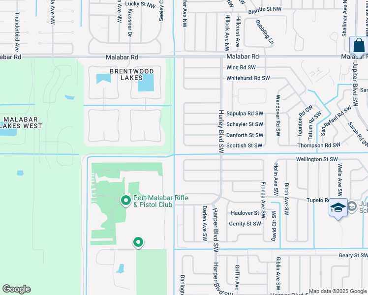 map of restaurants, bars, coffee shops, grocery stores, and more near 1398 Scottish Street Southwest in Palm Bay