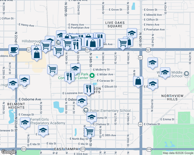 map of restaurants, bars, coffee shops, grocery stores, and more near 5021 North 34th Street in Tampa