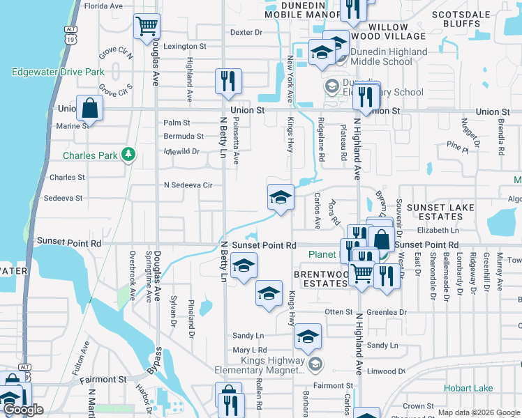 map of restaurants, bars, coffee shops, grocery stores, and more near 1370 State Street in Clearwater