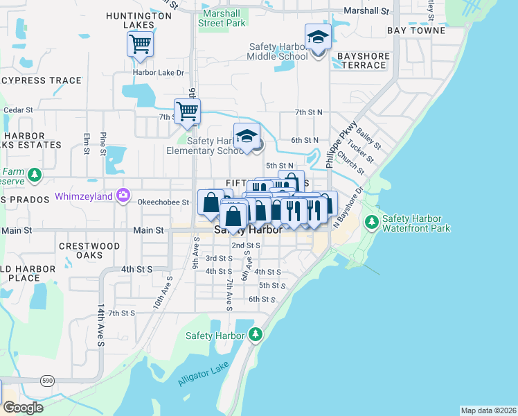map of restaurants, bars, coffee shops, grocery stores, and more near 176 5th Avenue North in Safety Harbor