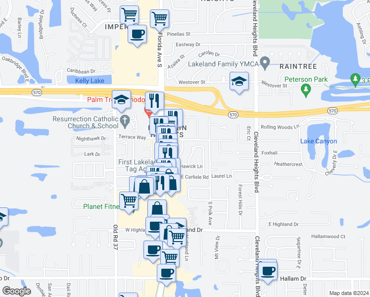 map of restaurants, bars, coffee shops, grocery stores, and more near 4012 South Carlisle Road in Lakeland