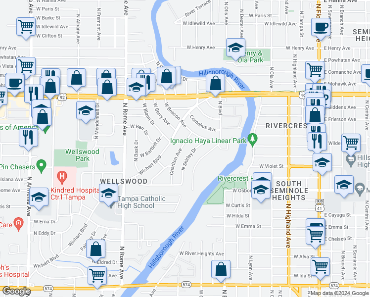 map of restaurants, bars, coffee shops, grocery stores, and more near 4923 Chariton Avenue in Tampa