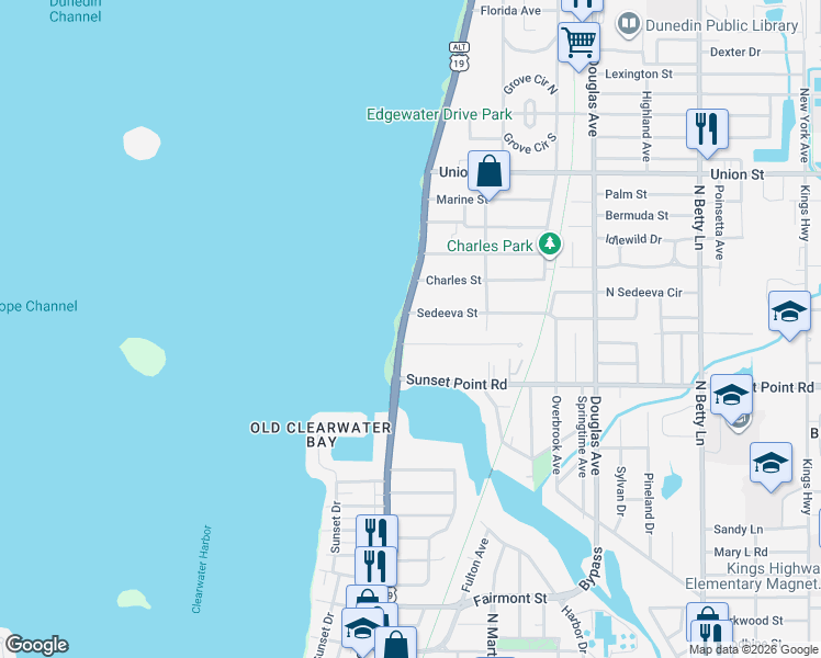 map of restaurants, bars, coffee shops, grocery stores, and more near 1925 Edgewater Drive in Clearwater